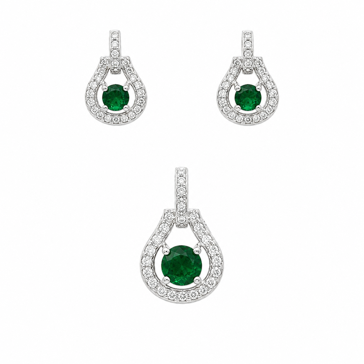 Sterling Silver Pendant/ Earring Set w/ Emerald Center Stone