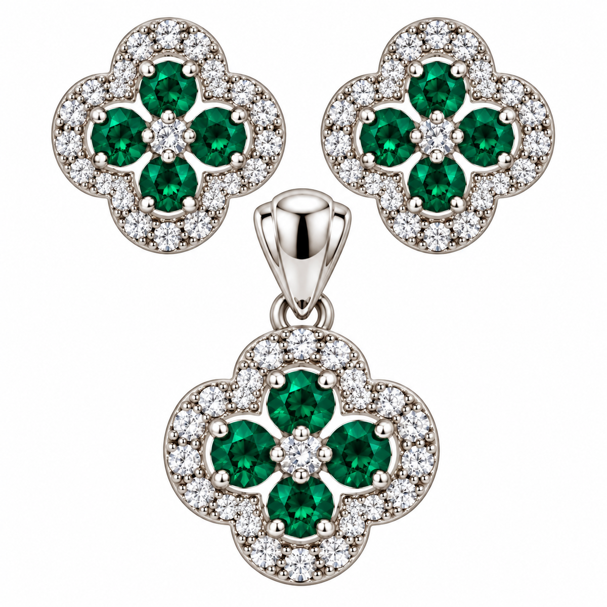 Sterling Silver Colored CZ Flower Pendant & Earrings Set