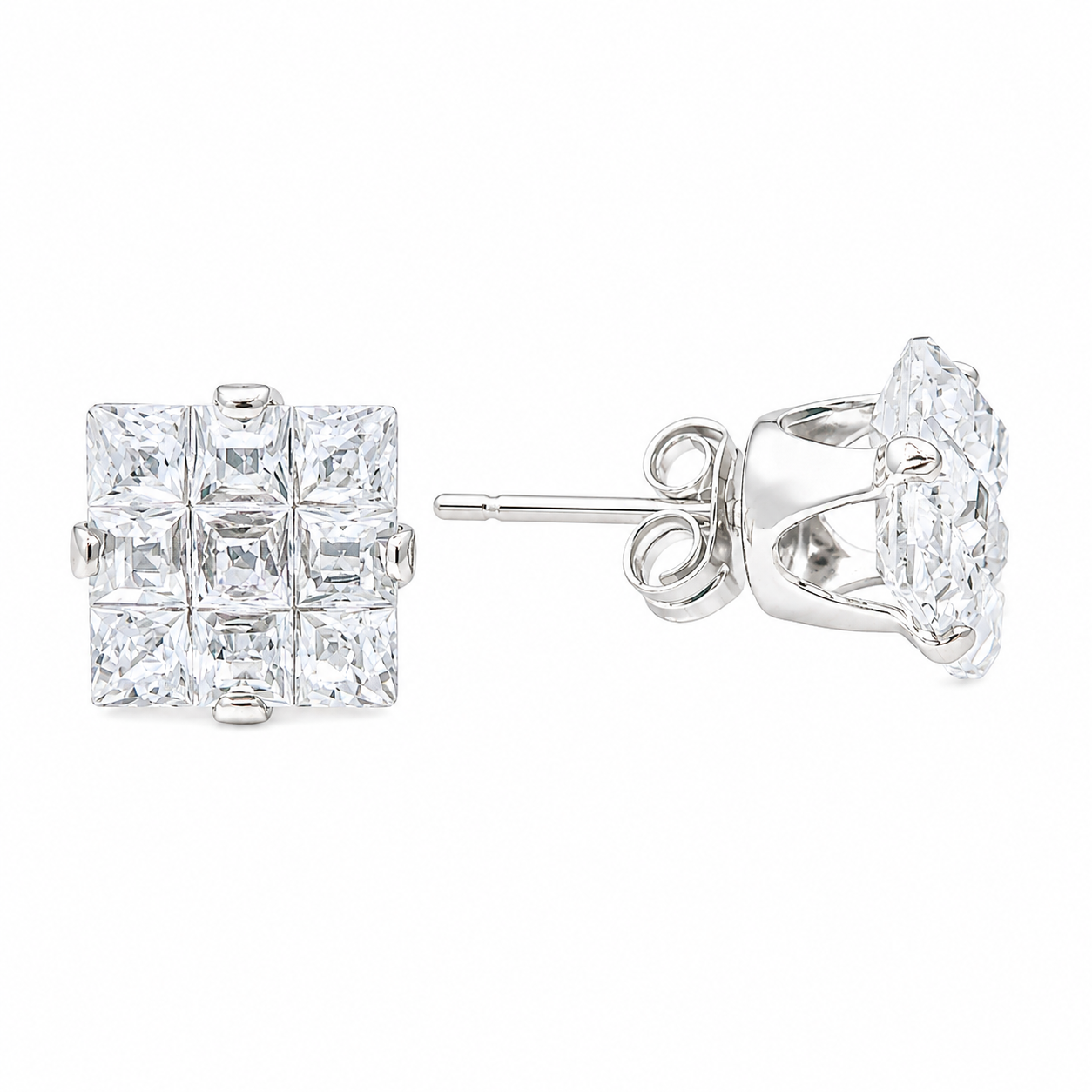 Sterling Silver Square 9 Cut CZ Studs