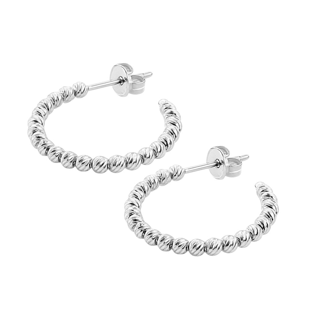 Sterling Silver Round Diamond Cut Bead Post Hoop Earrings