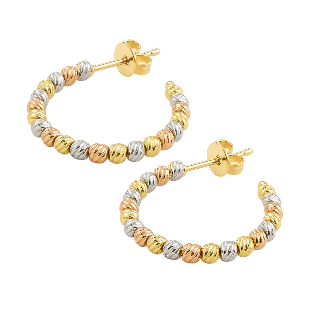 Sterling Silver Round Diamond Cut Bead Post Hoop Earrings