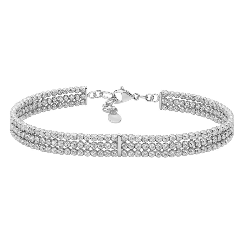 Sterling Silver Round Diamond Cut Bead Triple Row Bracelet (7"+1")