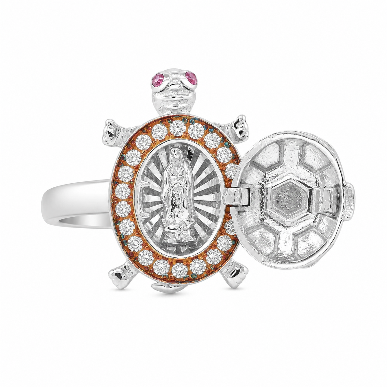 Sterling Silver CZ Tricolor Turtle & Vigin Mary Ring