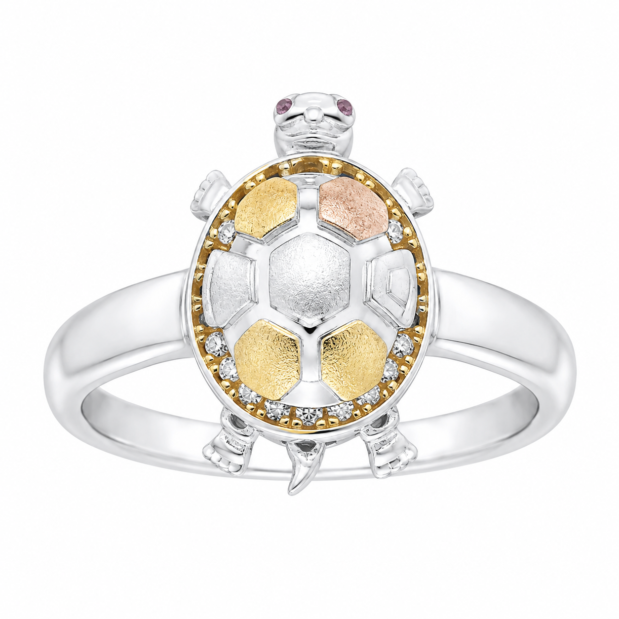 Sterling Silver CZ Tricolor Turtle & Vigin Mary Ring