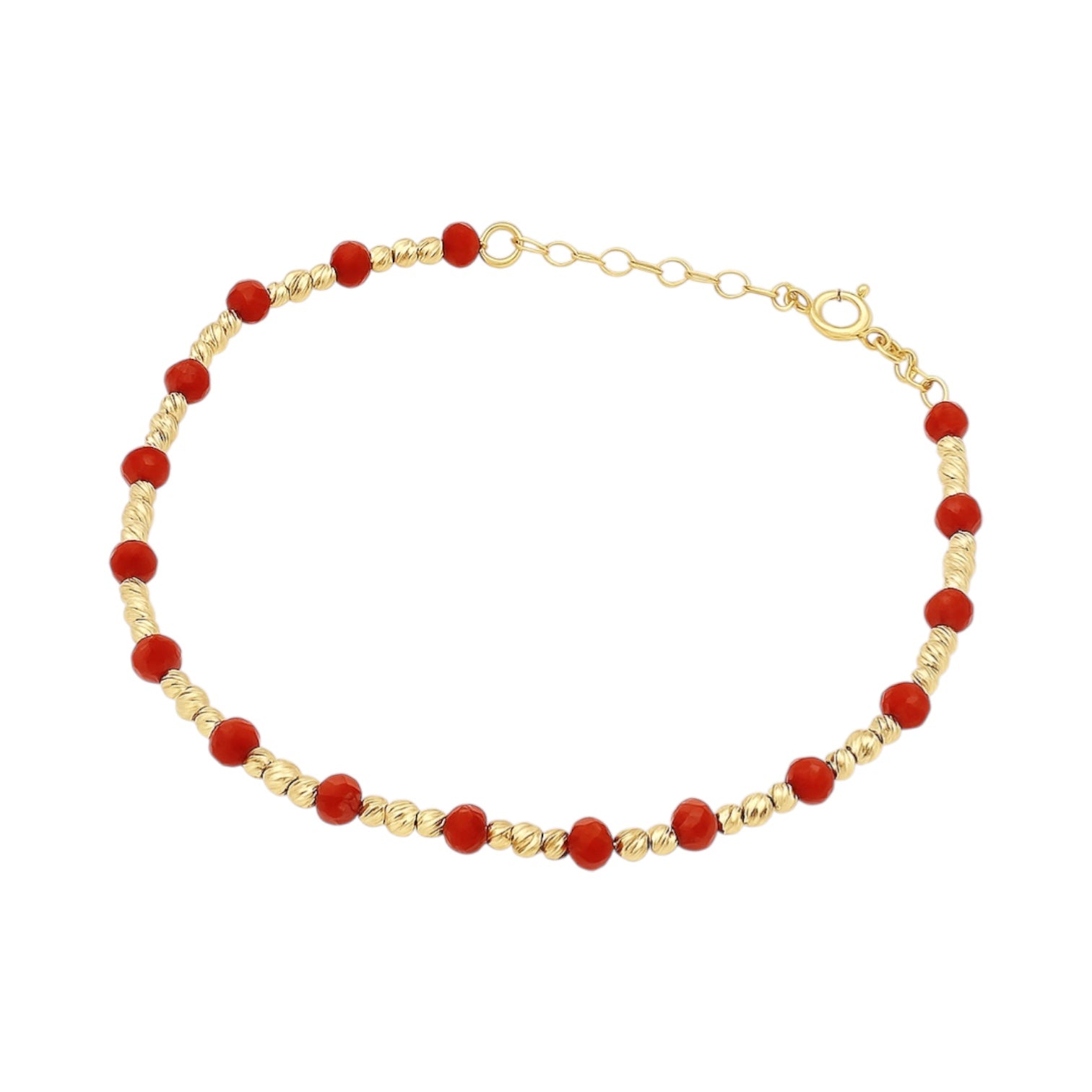 14K Yellow Gold Alternating Red & Diamond Cut Beaded Bracelet (7"+1.25") (3.8 GRAMS)