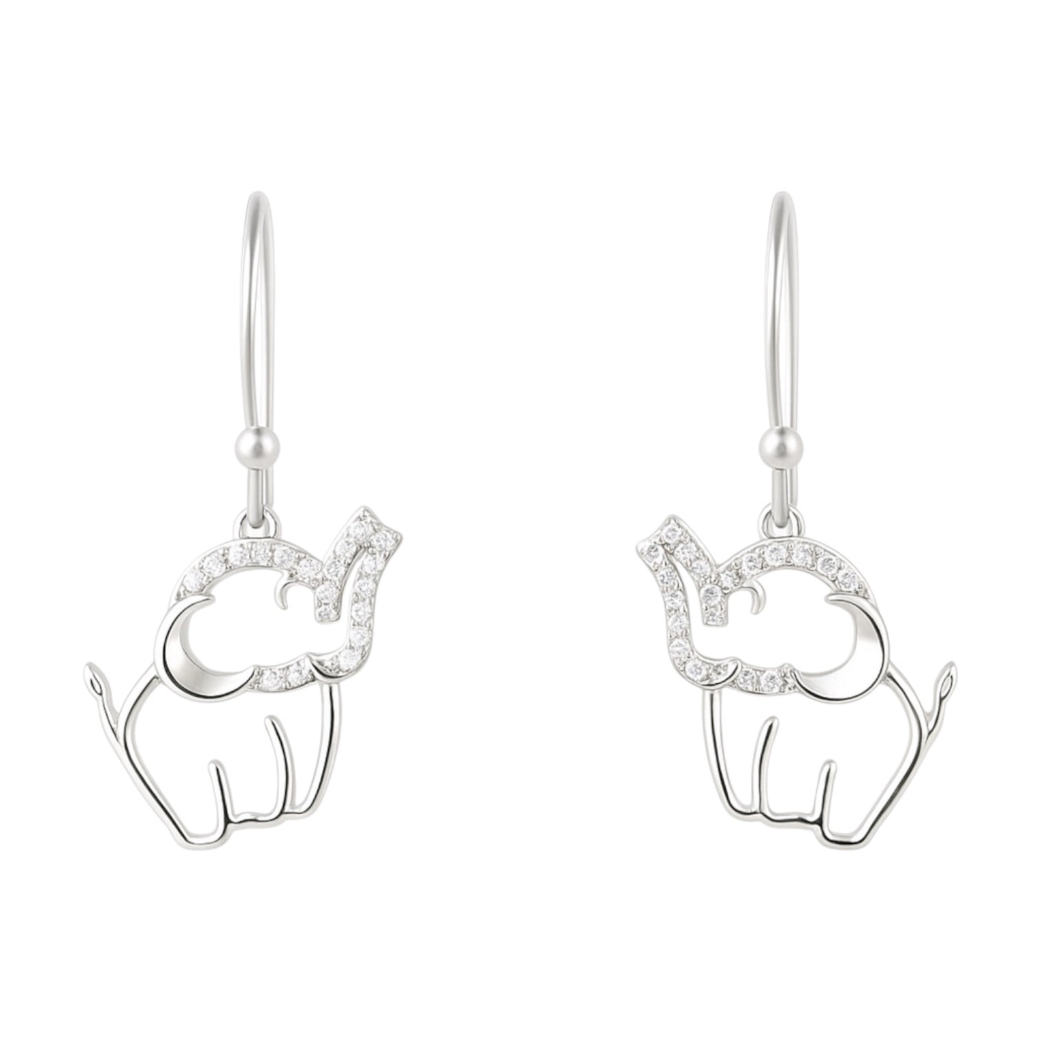 Sterling Silver Moissanite Pave Elephant Dangling French Wire Earrings