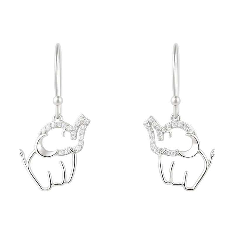 Sterling Silver Moissanite Pave Elephant Dangling French Wire Earrings