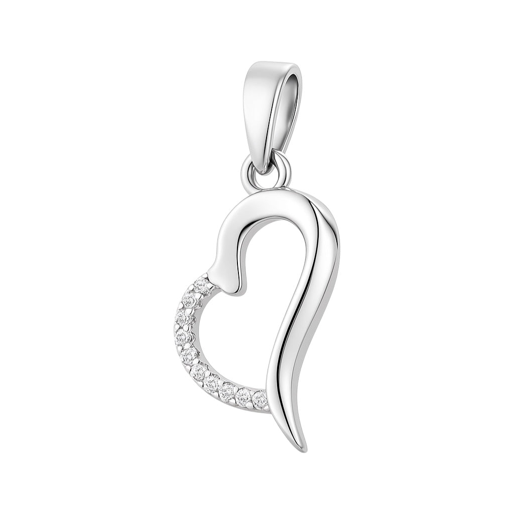 Sterling Silver Half CZ Half Plain Open Heart Pendant