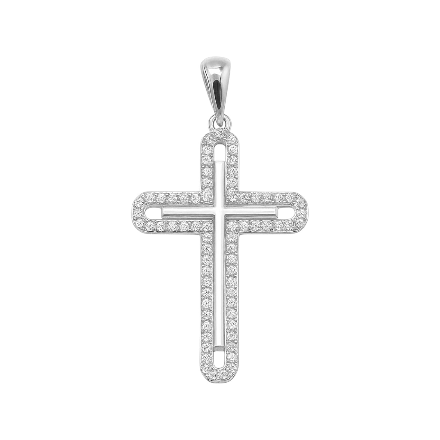 Sterling Silver CZ Pave W/ Plain Center Cross Pendant