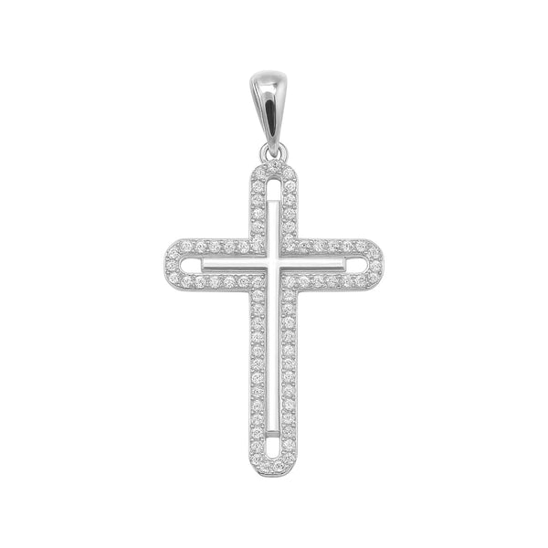 Sterling Silver CZ Pave W/ Plain Center Cross Pendant