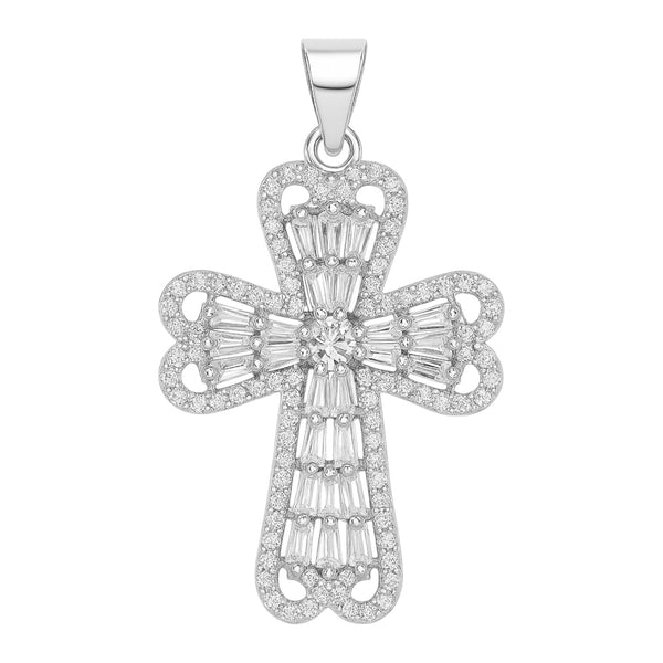 Sterling Silver CZ Heart Edges Cross Pendant