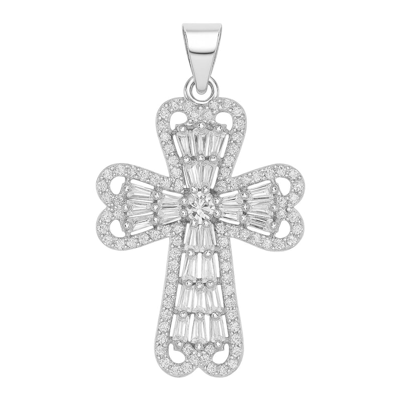 Sterling Silver CZ Heart Edges Cross Pendant