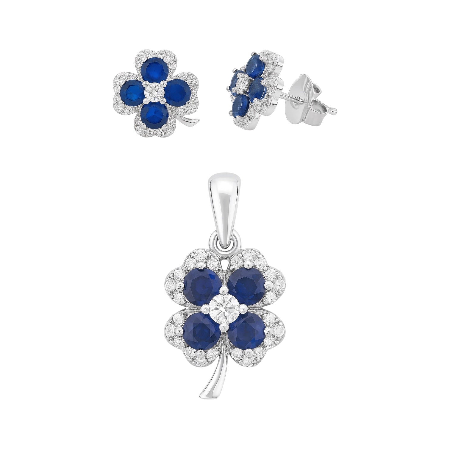 Sterling Silver Colored CZ Four Leaf Clover Pendant & Earrings Set