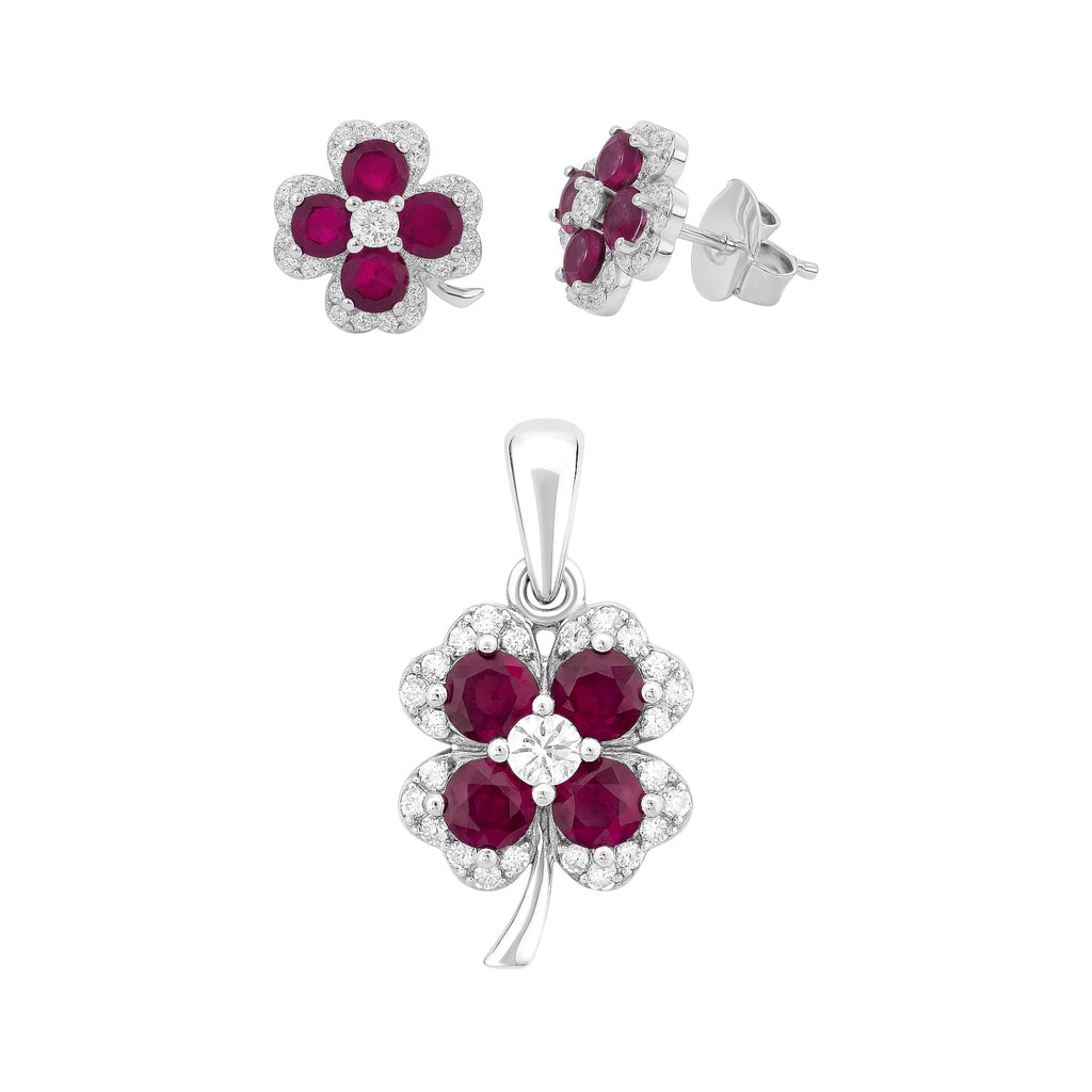 Sterling Silver Colored CZ Four Leaf Clover Pendant & Earrings Set