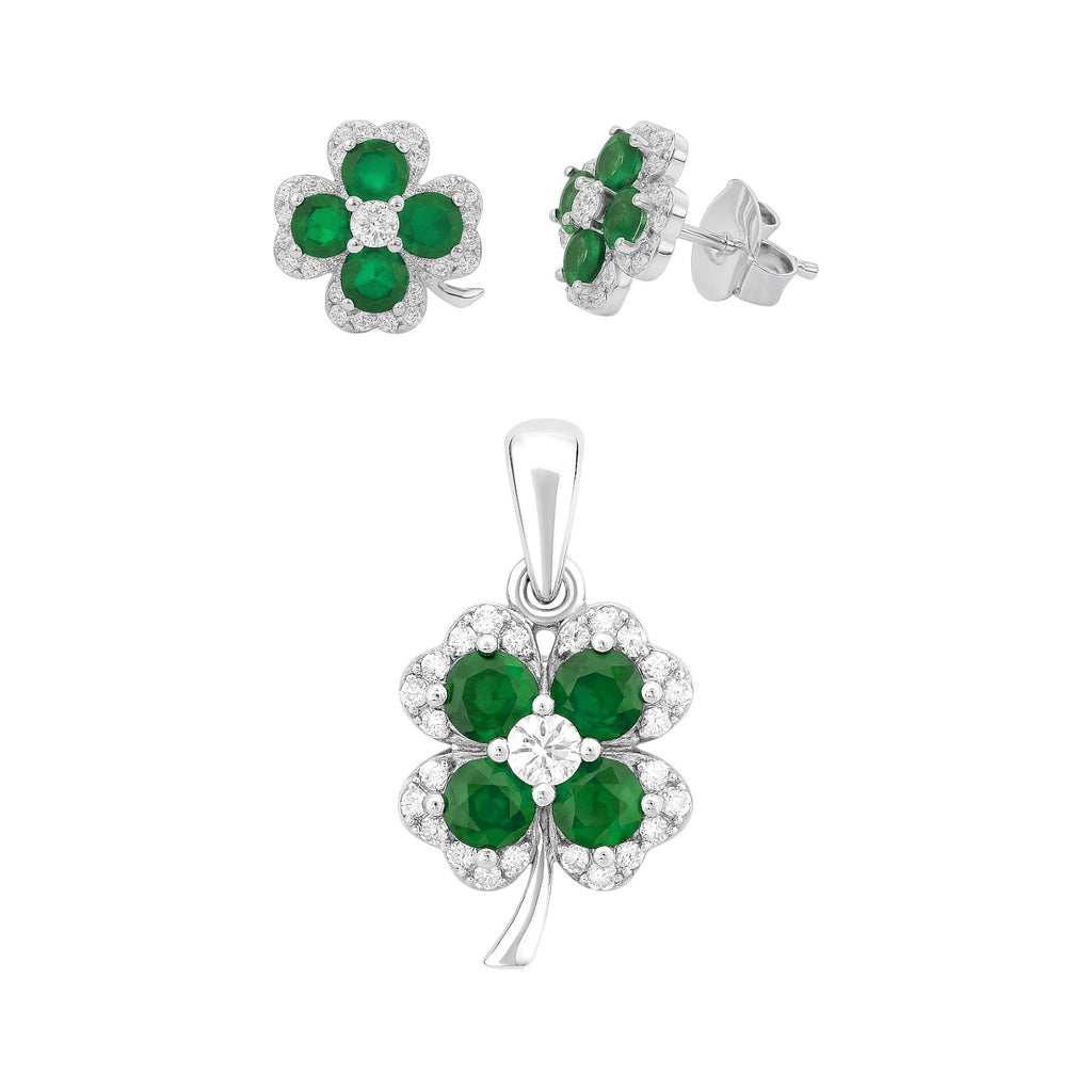 Sterling Silver Colored CZ Four Leaf Clover Pendant & Earrings Set