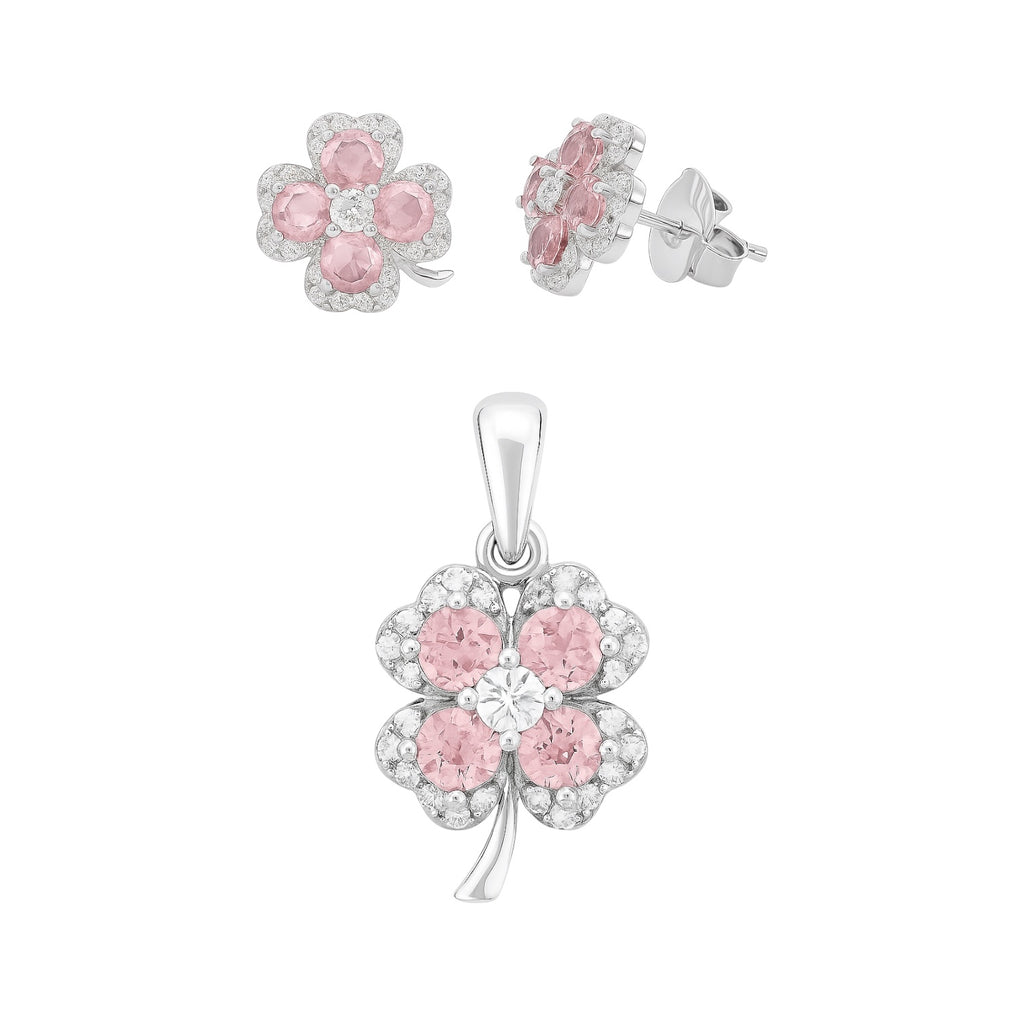 Sterling Silver Colored CZ Four Leaf Clover Pendant & Earrings Set