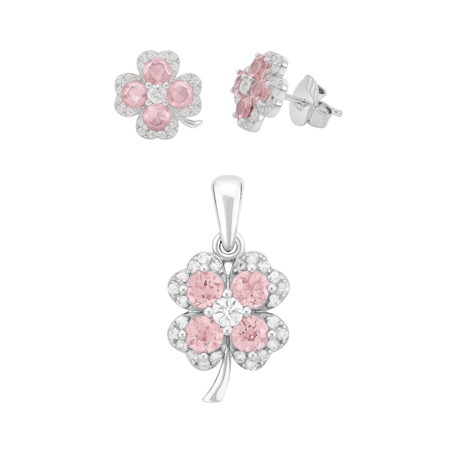 Sterling Silver Colored CZ Four Leaf Clover Pendant & Earrings Set