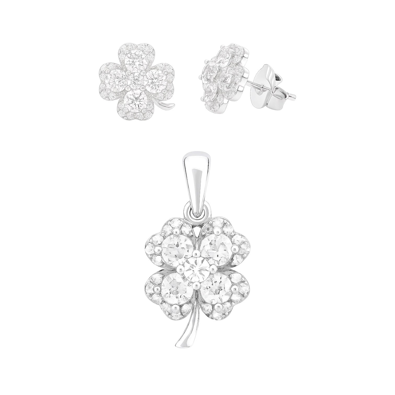 Sterling Silver Colored CZ Four Leaf Clover Pendant & Earrings Set