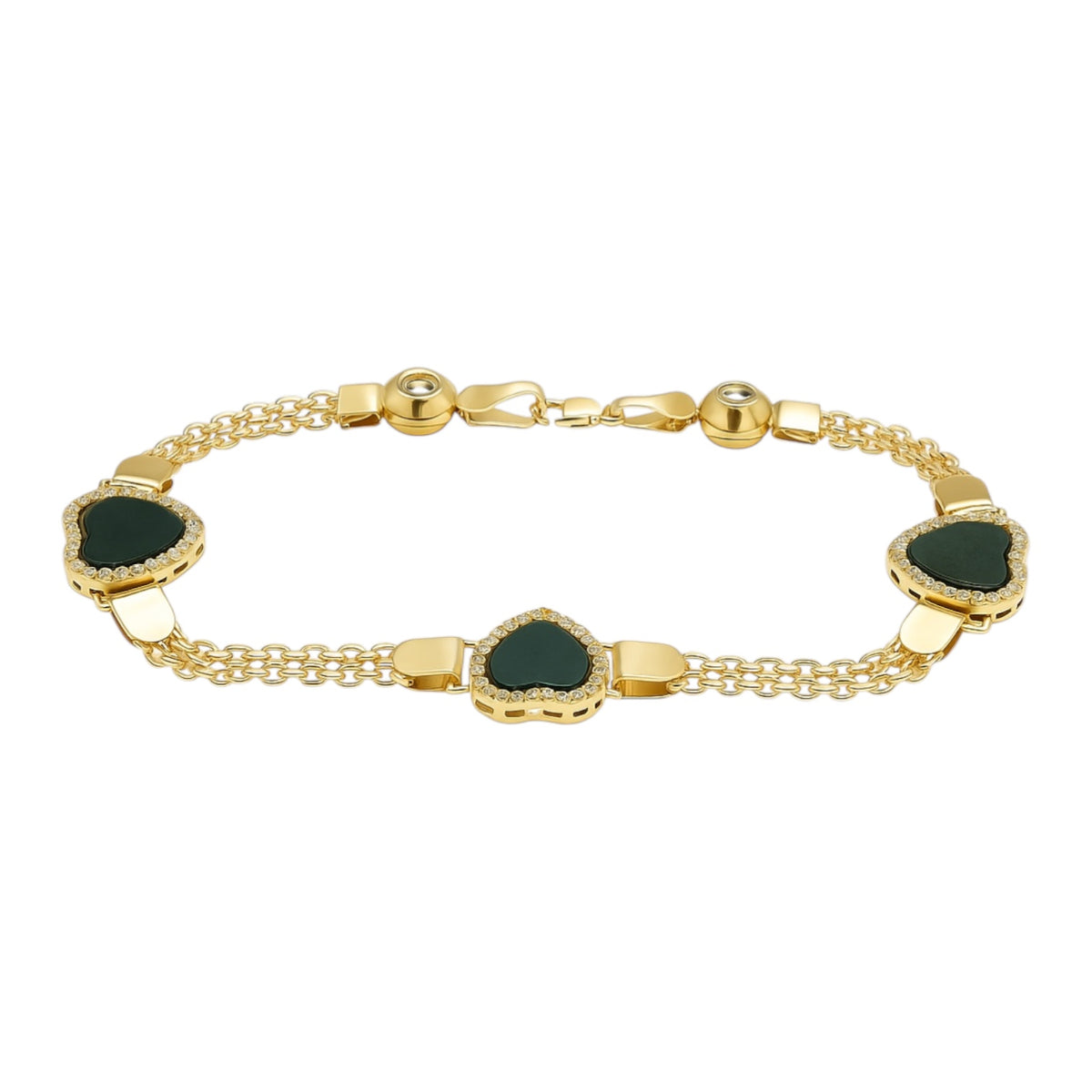 14K Yellow Gold Black Enamel CZ Halo Heart Station Mesh Bracelet - 7.5" (9.1 GRAMS)