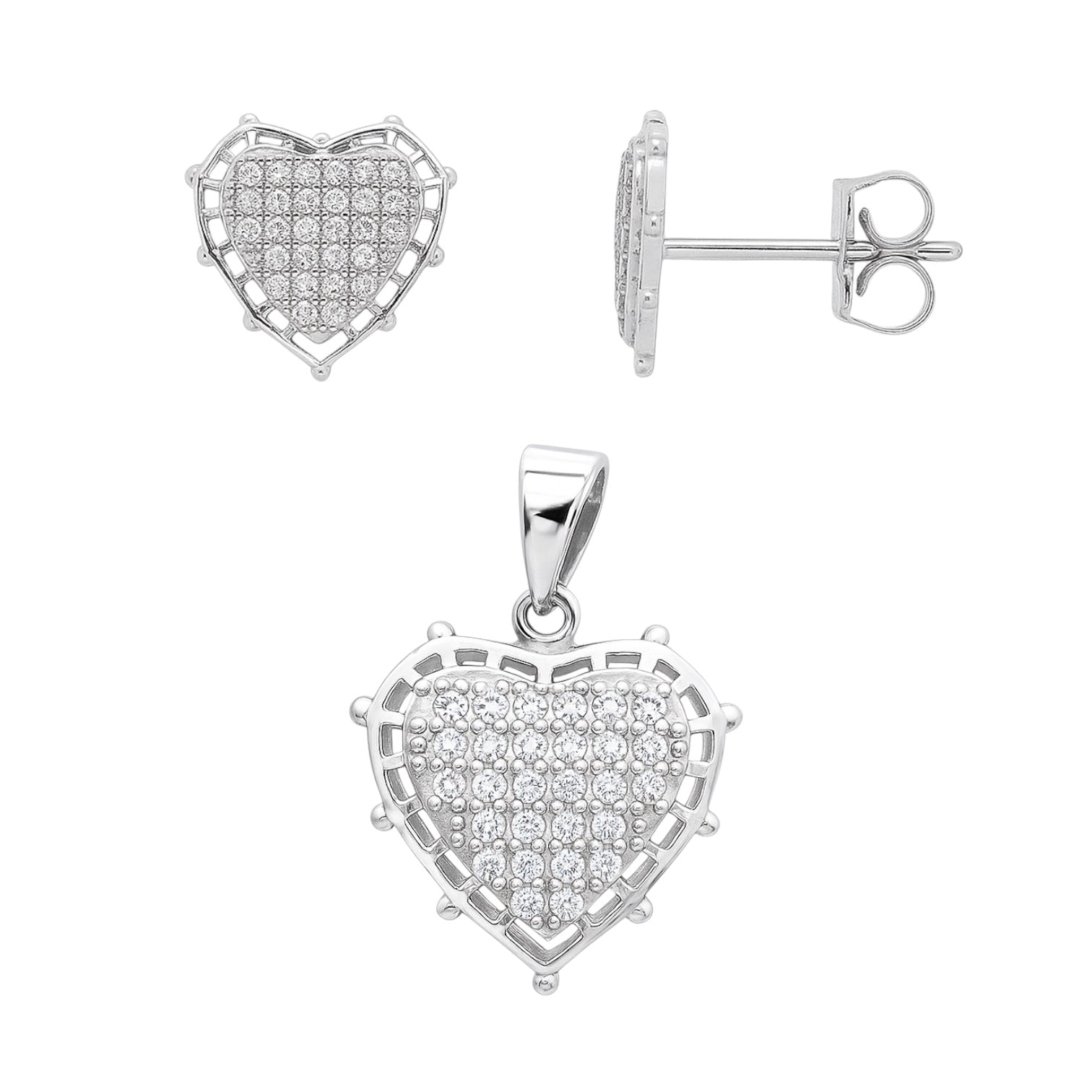 Sterling Silver CZ Pave Heart Pendant/Earrings Set