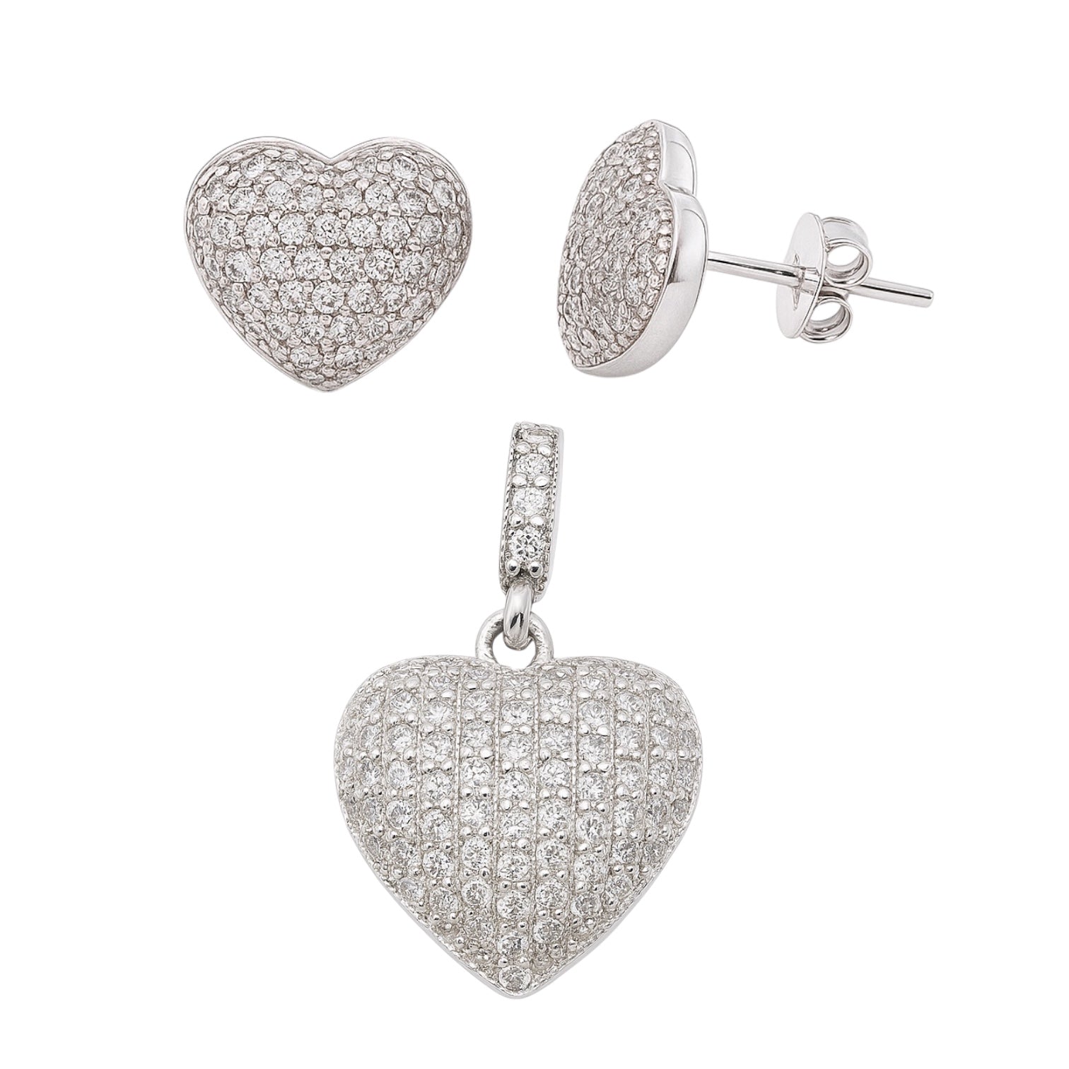Sterling Silver CZ Pave Puffed Heart Pendant/Earrings Set