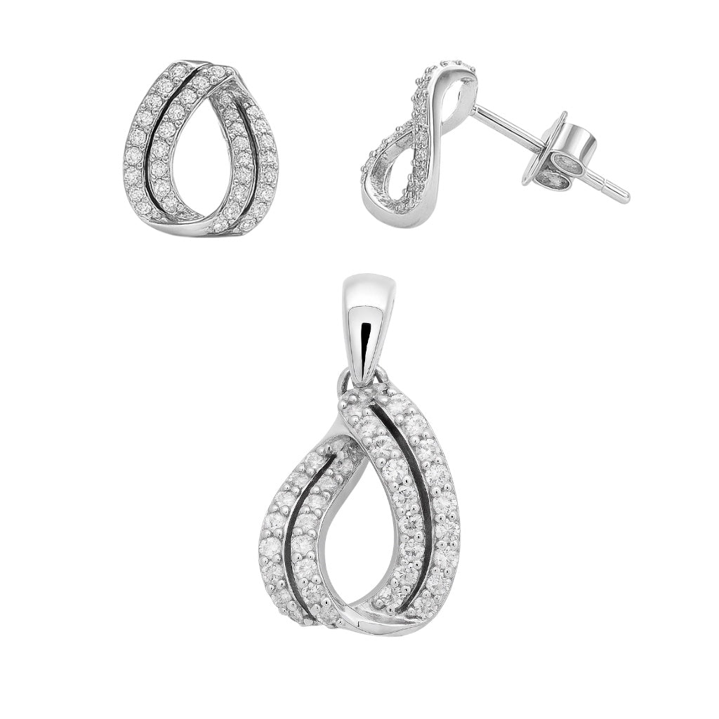 Sterling Silver CZ Pave Twisted Pear Shape Pendant/Earrings Set