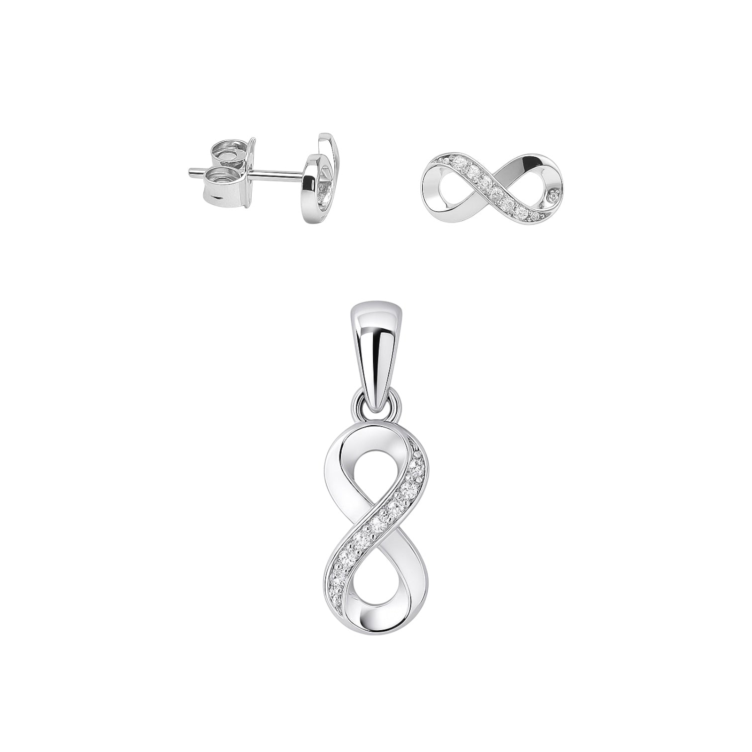 Sterling Silver Half CZ Half Plain Infinity Pendant/Earrings Set