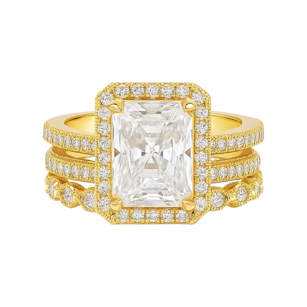 Sterling Silver 3.0ct Radiant Cut Halo Moissanite Three Ring Set