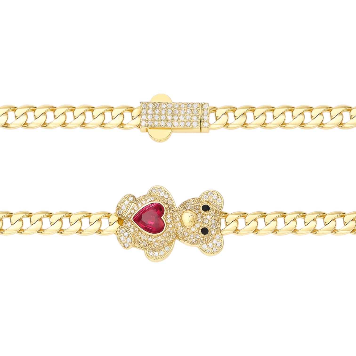 14K Yellow Gold CZ Teddy Bear W/ Pink Heart Miami Cuban Bracelet - 8" (8.7 GRAMS)