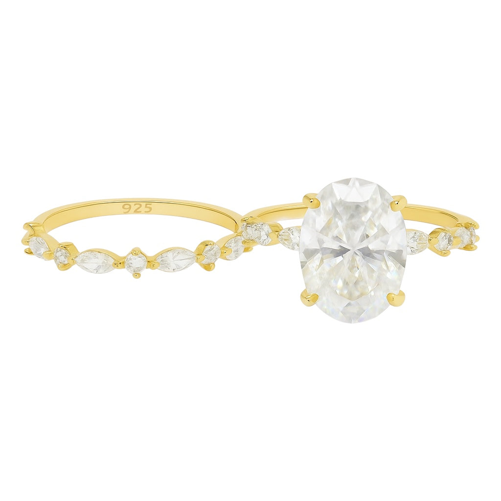 Sterling Silver 4.5ct Oval Moissanite W/ Floating Marquise Accents Wedding Ring Set