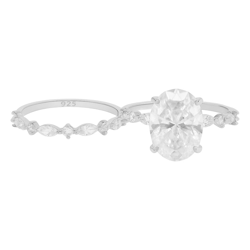 Sterling Silver 4.5ct Oval Moissanite W/ Floating Marquise Accents Wedding Ring Set