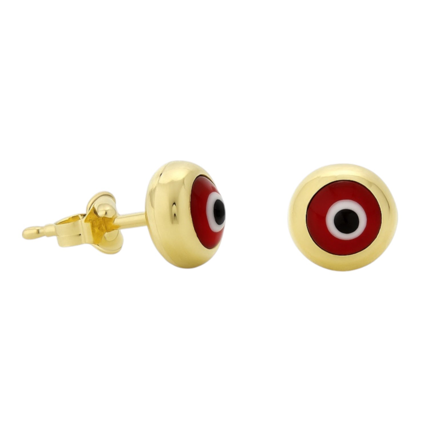 14K Yellow Gold Round Red Evil Eye Stud Earrings
