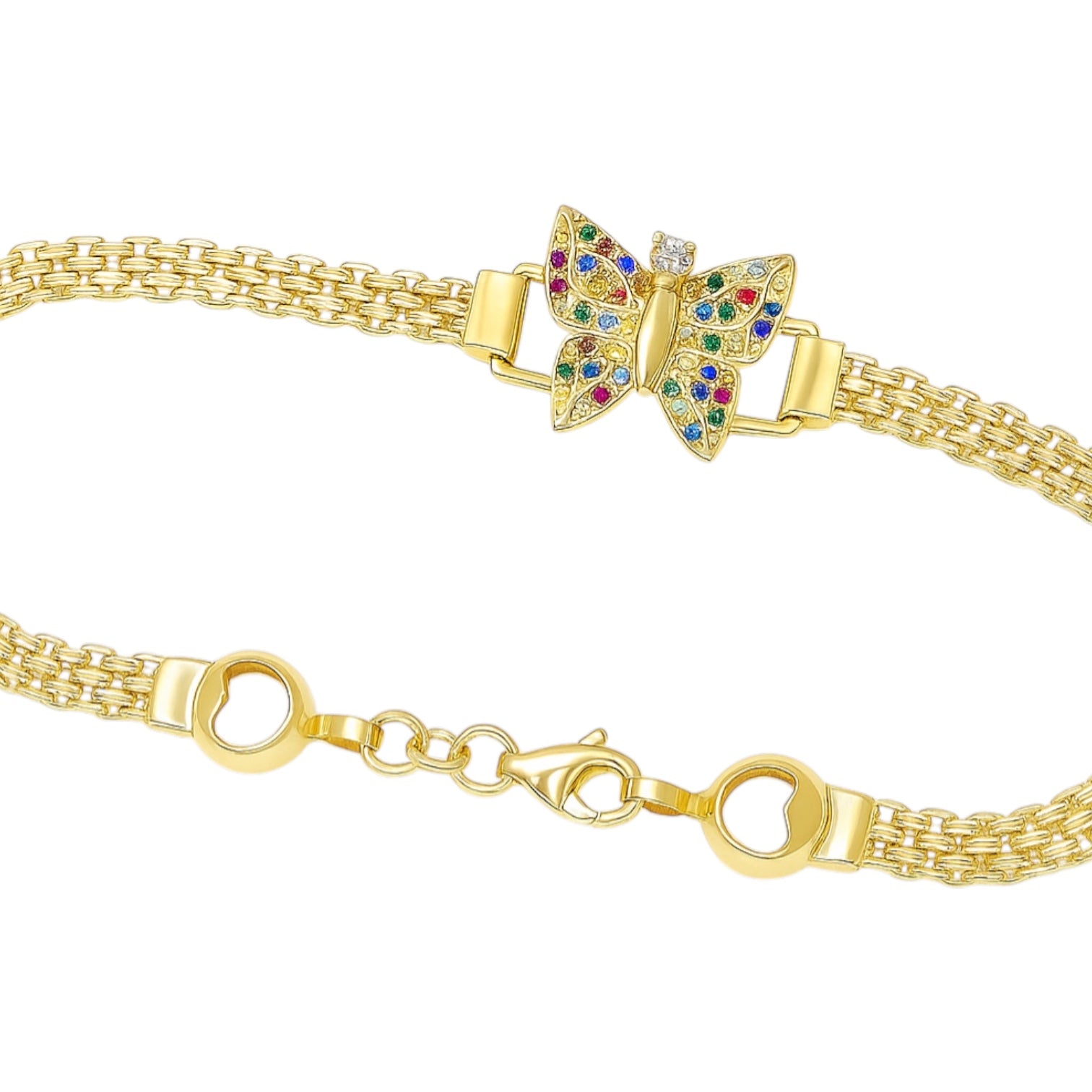 14K Yellow Gold Multicolor CZ Butterfly Mesh Bracelet - 7.25" (6.0 GRAMS)