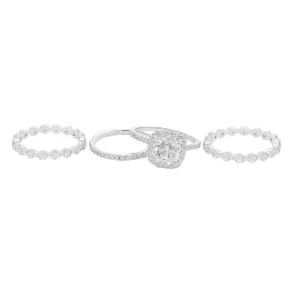 Sterling Silver 2.0ct Cushion Cut Halo Moissanite Eternity Stackable Bands 4 Piece Ring Set