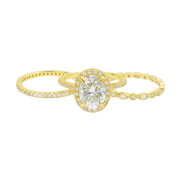 Sterling Silver 2.0ct Oval Halo Moissanite Eternity Stackable Bands 3 Piece Ring Set