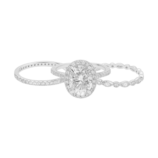 Sterling Silver 2.0ct Oval Halo Moissanite Eternity Stackable Bands 3 Piece Ring Set