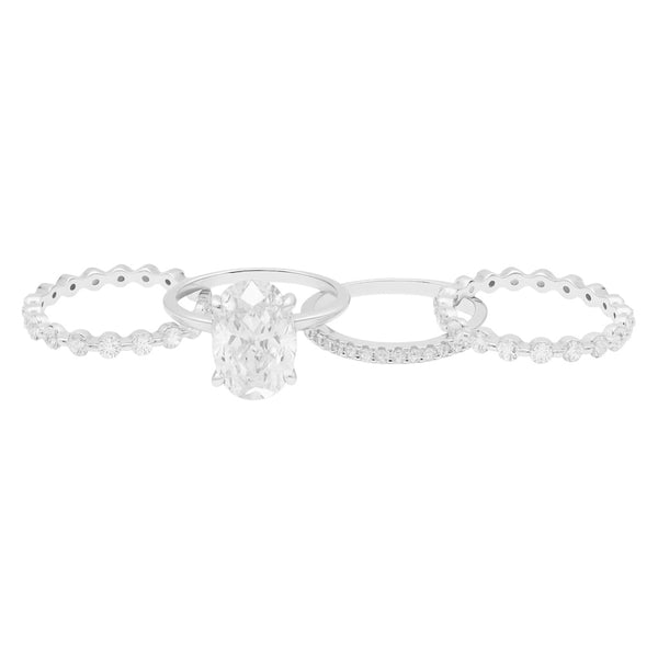 Sterling Silver 4.5ct Oval Moissanite Floating Round Eternity Stackable Bands 4 Piece Ring Set