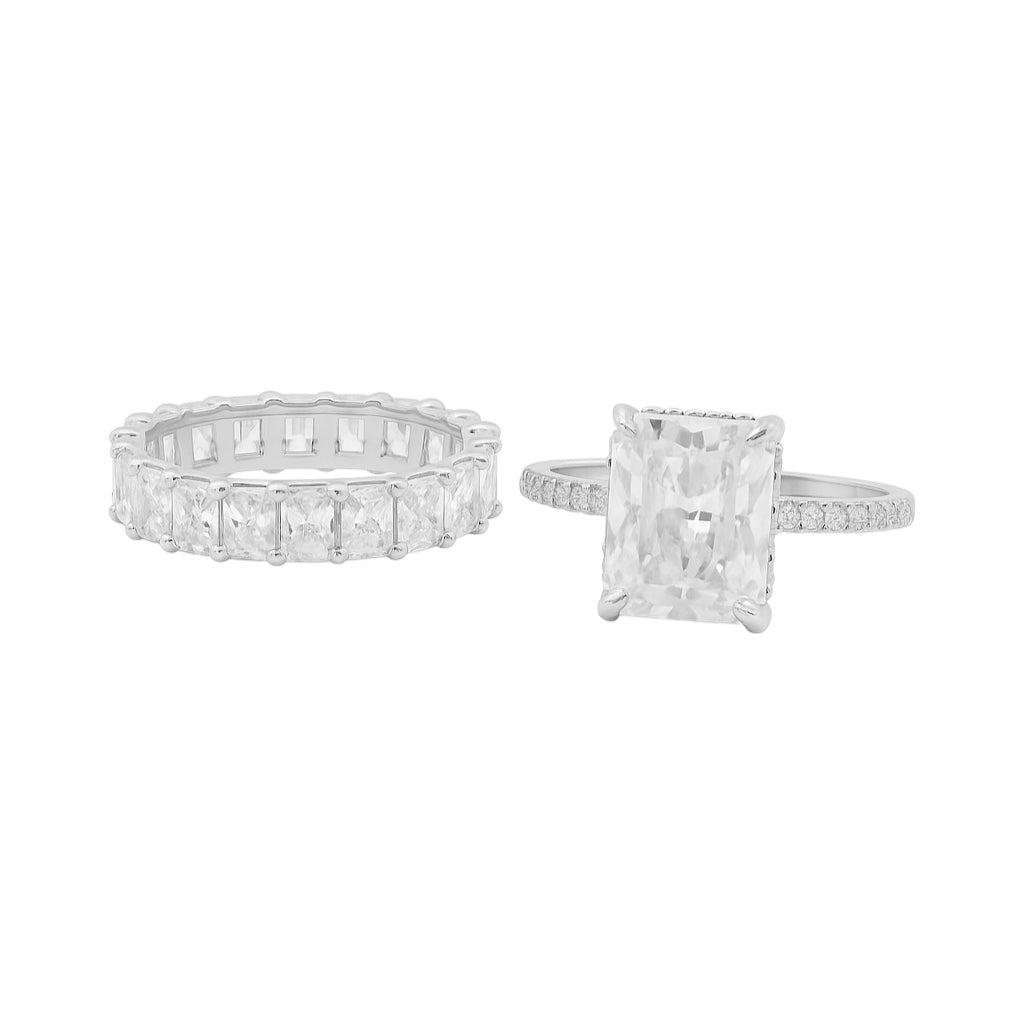 Sterling Silver 4.0ct Radiant Cut Moissanite W/ Radiant Eternity Band Ring Set