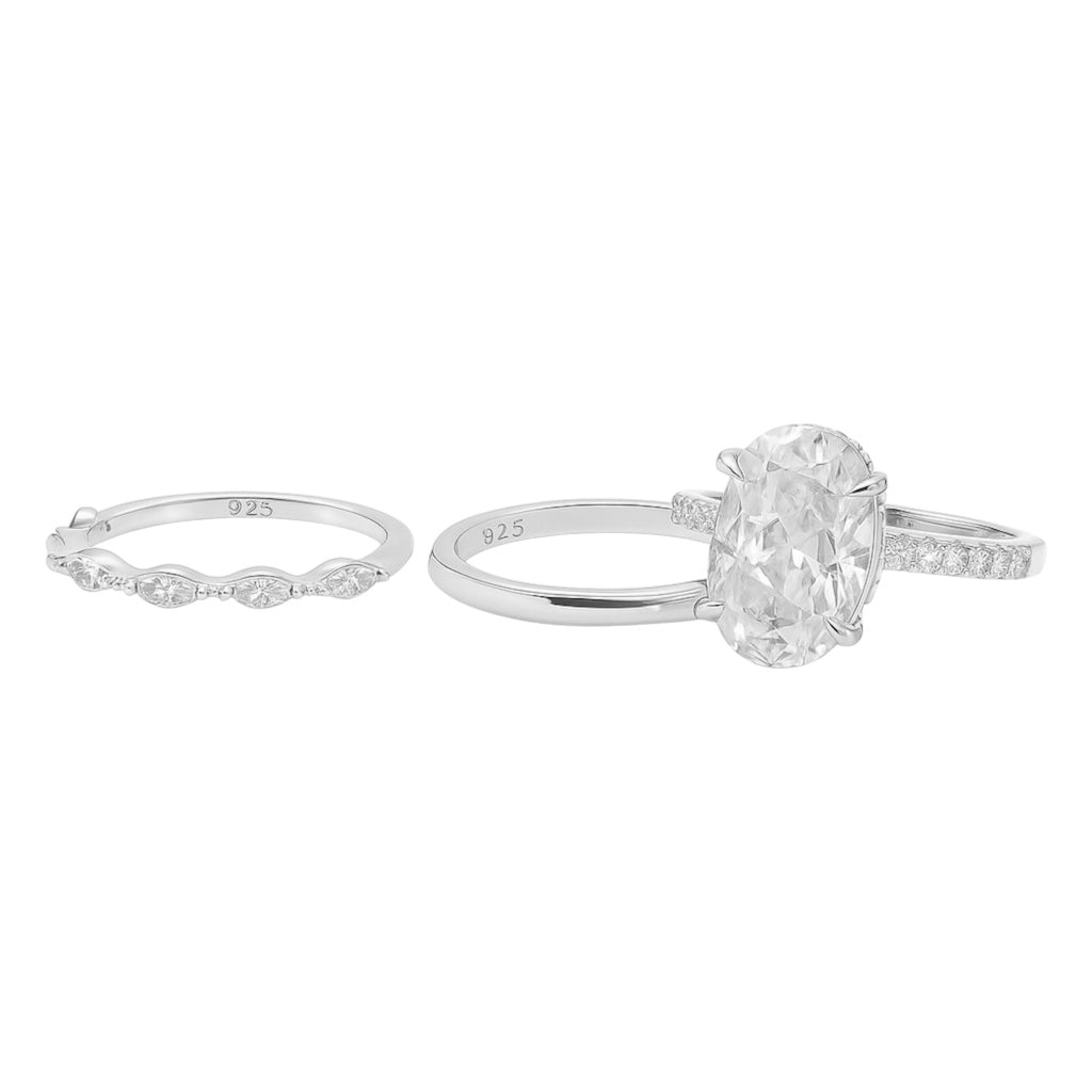 Sterling Silver 4.5ct Oval Moissanite Marquise Band Stackable 3 Piece Ring Set