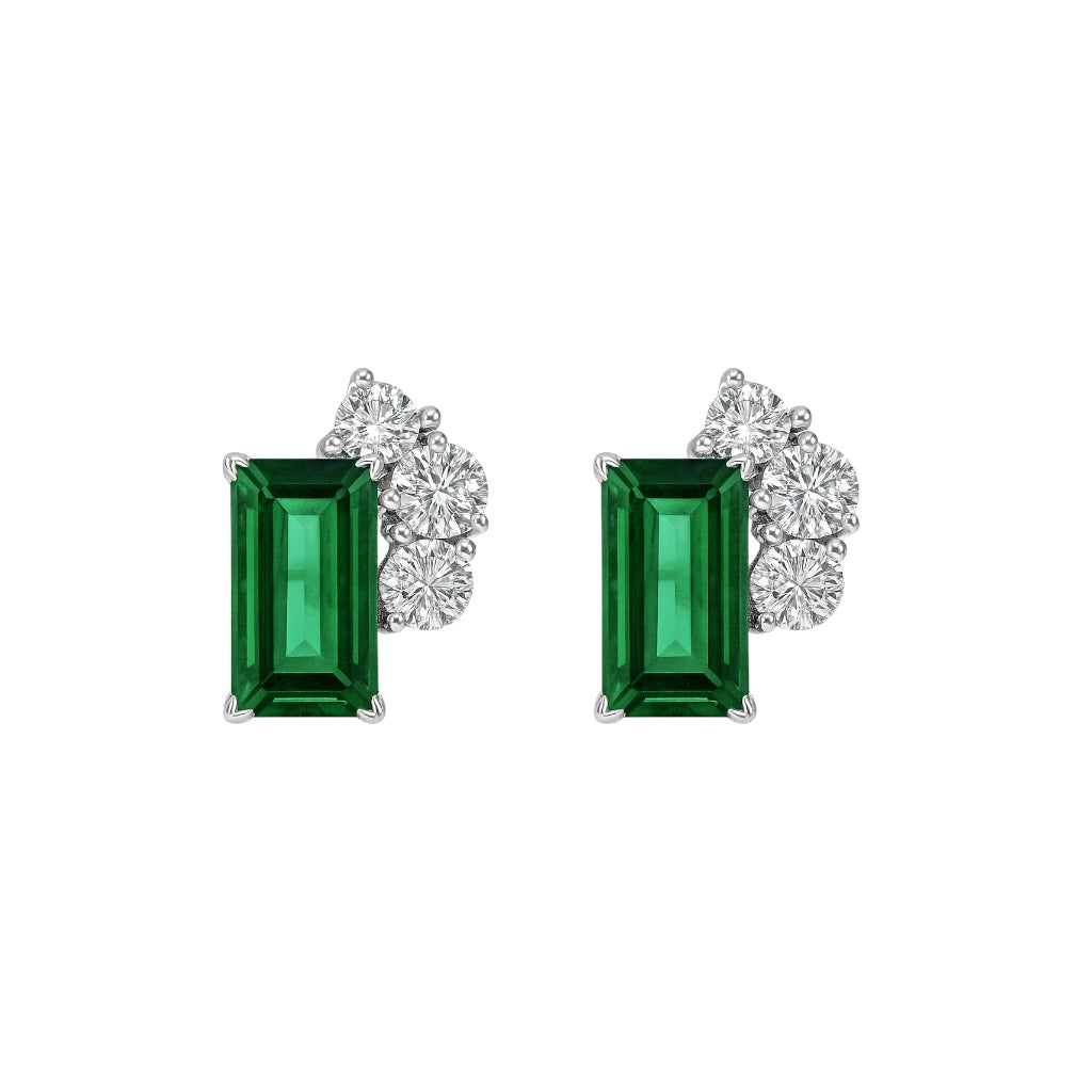 Sterling Silver Emerald Cut Green CZ Cluster Stud Earrings