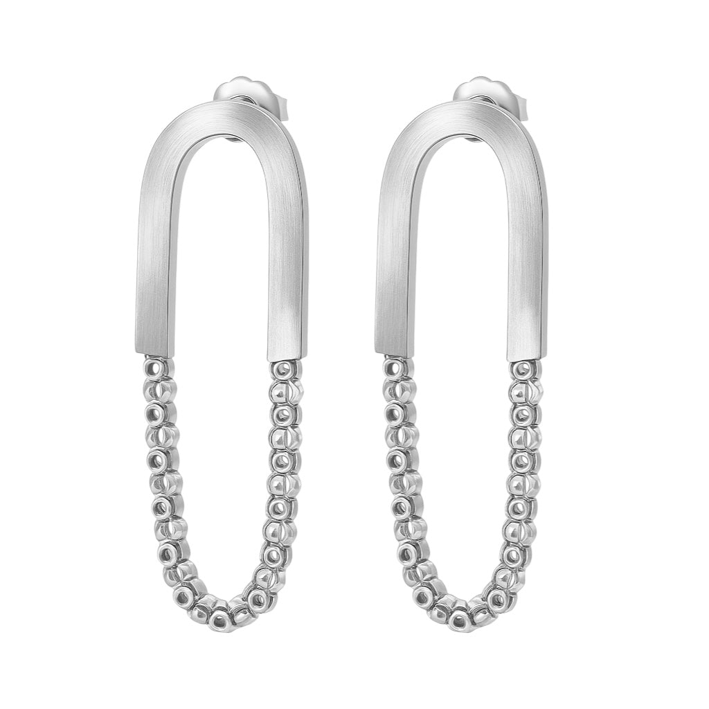 Sterling Silver Oval Dangling Popcorn Chain Post Earrings