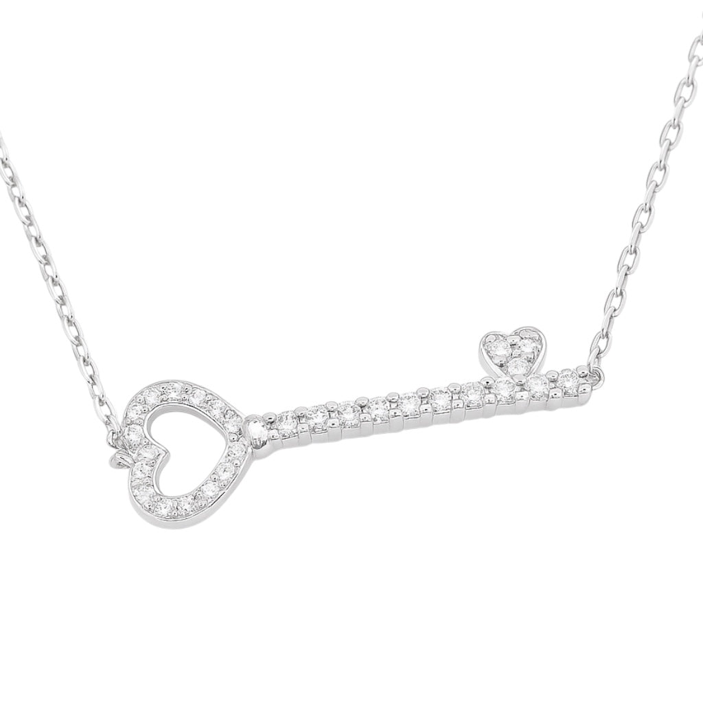 Sterling Silver CZ Heart Key Necklace
