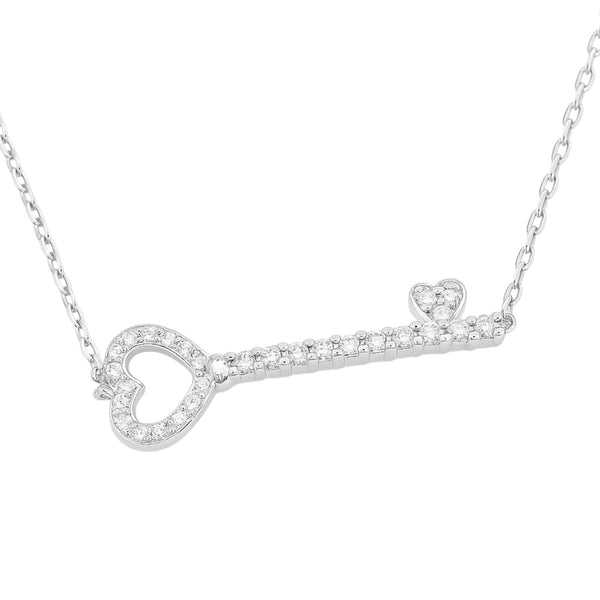 Sterling Silver CZ Heart Key Necklace