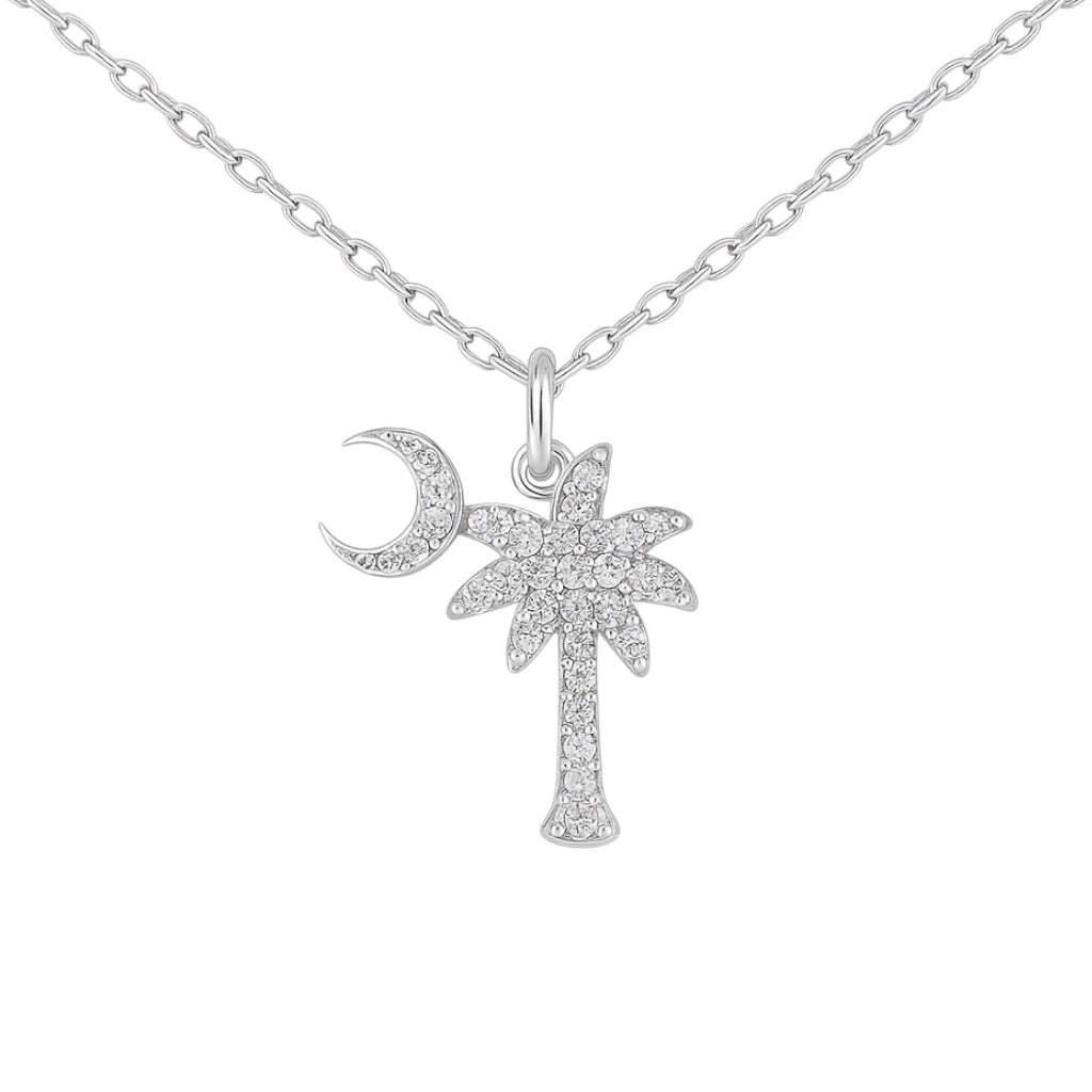 Sterling Silver CZ Palm Tree & Crescent Moon Necklace