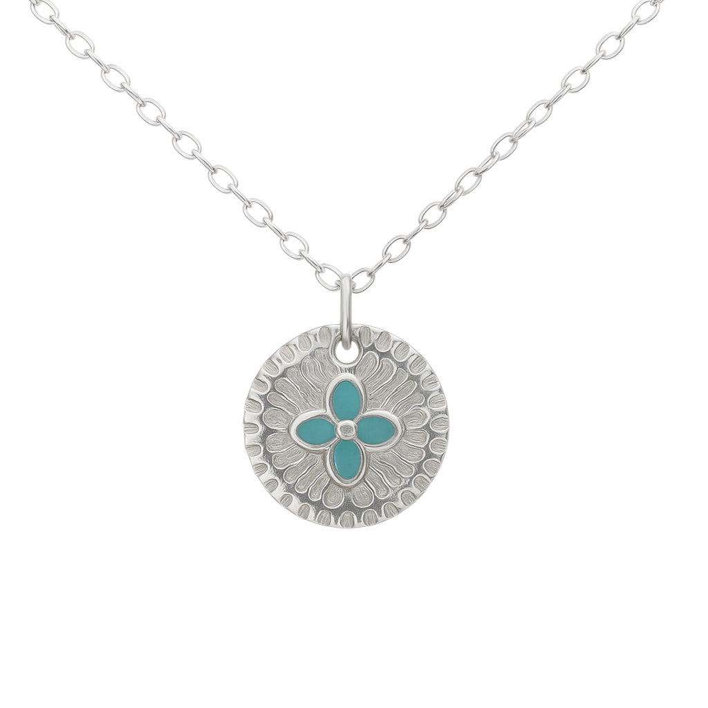 Sterling Silver Turquoise Enamel Flower Diamond Cut Necklace