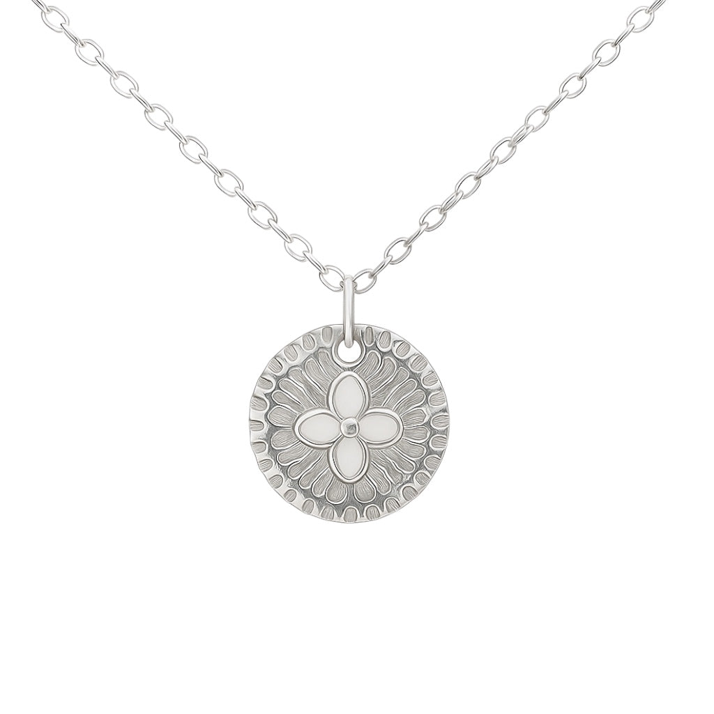 Sterling Silver White Enamel Flower Diamond Cut Necklace