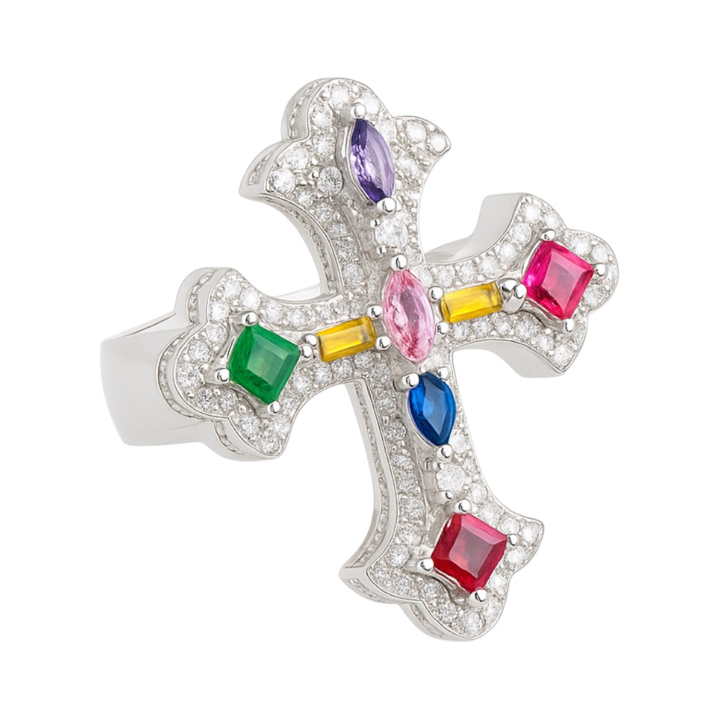 Sterling Silver Multi Color CZ And Clear Moissanite Men's Cross Ring