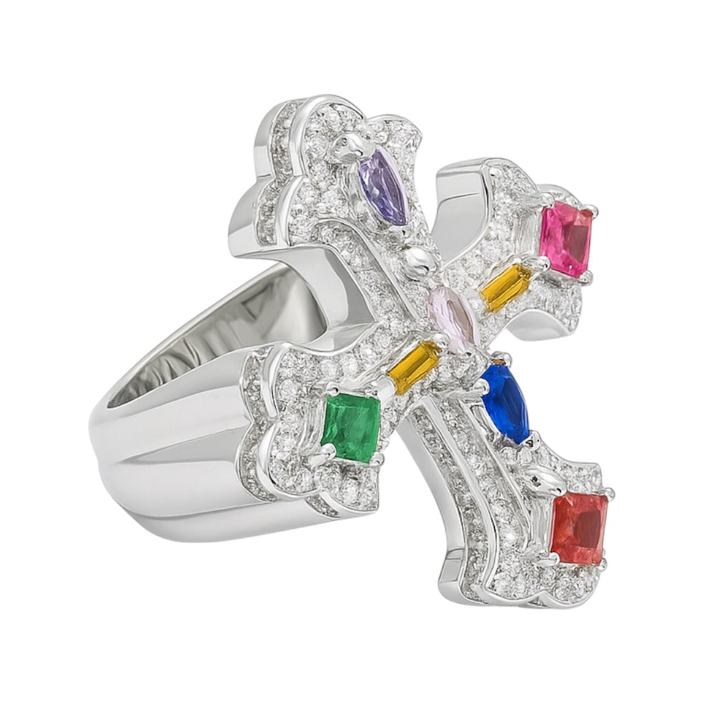 Sterling Silver Multi Color CZ And Clear Moissanite Men's Cross Ring