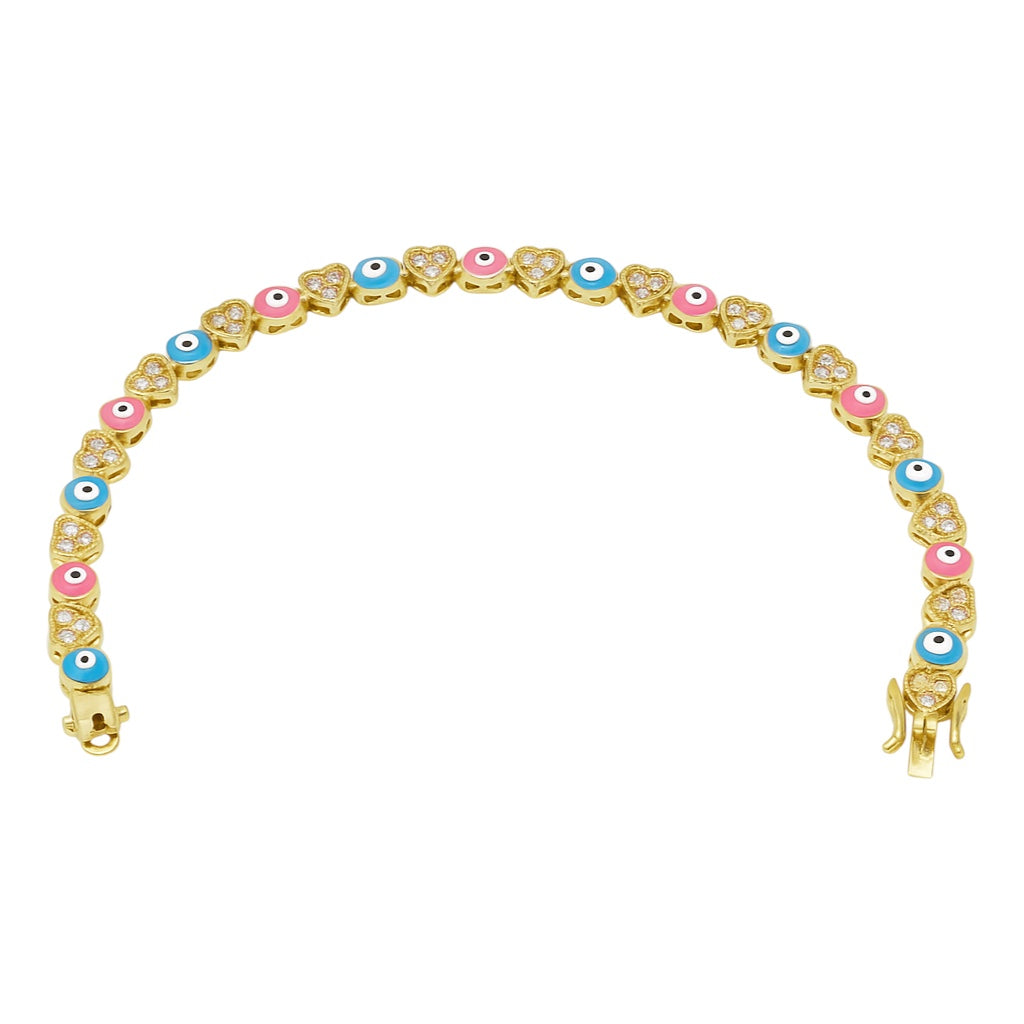 Sterling Silver Alternating CZ Heart & Blue/Pink Enamel Evil Eye Bracelet (7")
