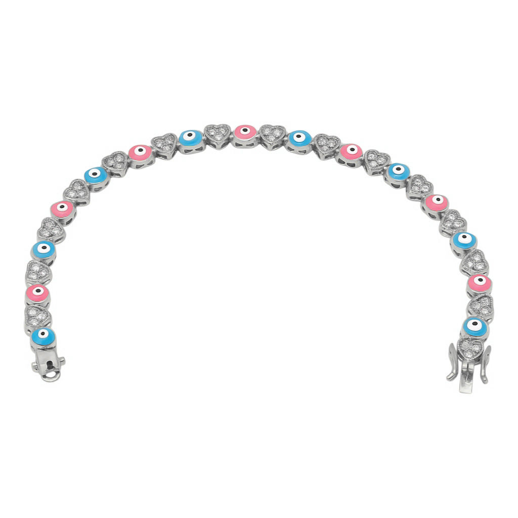 Sterling Silver Alternating CZ Heart & Blue/Pink Enamel Evil Eye Bracelet (7")
